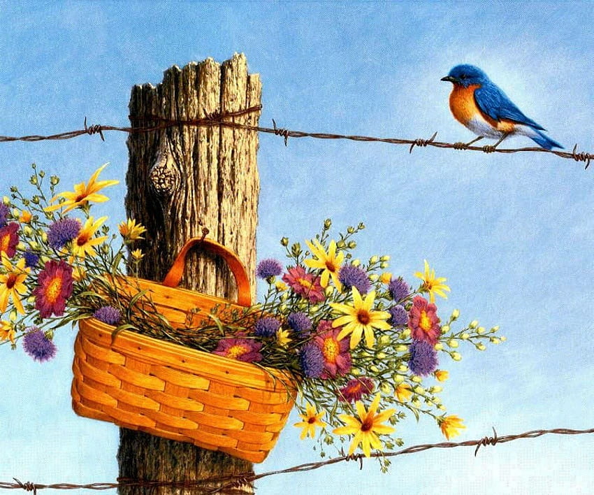 bird on a wire, basket, wire, bluebird, post, sky, flowers HD wallpaper
