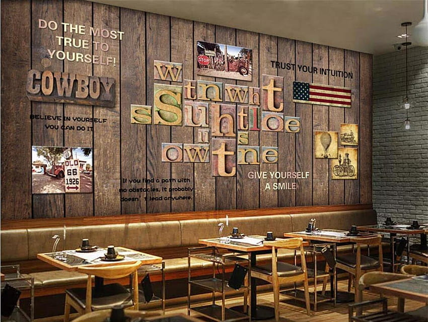 Mural de letras en inglés de madera nórdica, arte de pared de cafetería, papel de pared 3D para KTV, Bar, restaurante, murales, papeles de contacto, teléfono fondo de pantalla
