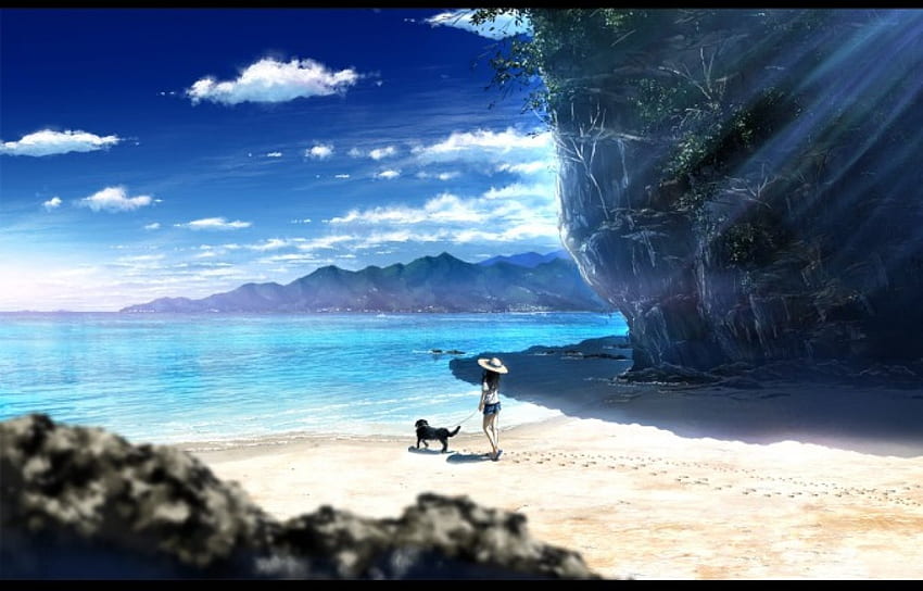Spacer po plaży, pies, piasek, piękno, ładna, plaża, sceneria, sceniczna, woda, ocean, chmura, kobieta, wzgórze, słodkie, morze, scena, dziewczyna, piękna, góra, dziewczyna anime, anime, ładna, niebo, śliczny, realistyczny Tapeta HD