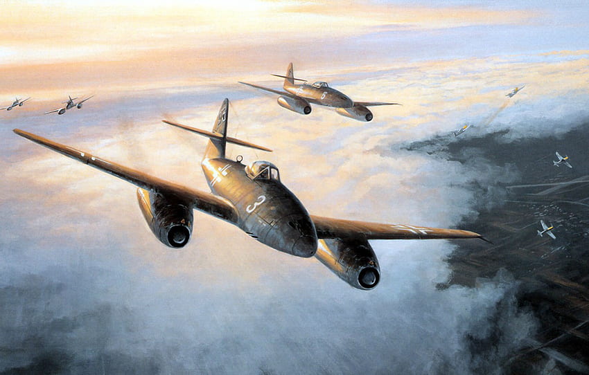 war, art, painting, aviation, ww2, messerschmitt me 262 