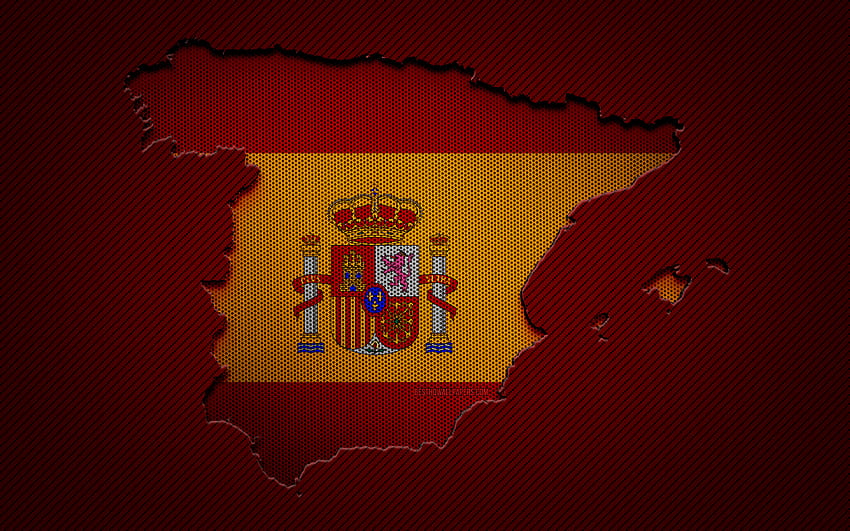 İspanya haritası, Avrupa ülkeleri, İspanyol bayrağı, kırmızı karbon arka plan, İspanya harita silueti, İspanya bayrağı, Avrupa, İspanya haritası, İspanya, İspanya bayrağı HD duvar kağıdı