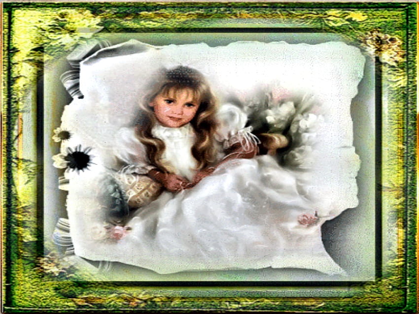 angel like, white, framed, green, cute, beautiful, girl, child HD wallpaper