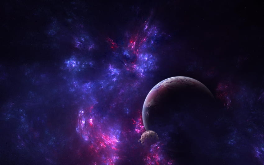 Fioletowa interakcja, galaktyki, fiolet, planety, 3d, przestrzeń, gwiazdy, księżyce Tapeta HD
