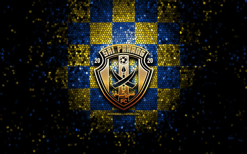 Sri Pahang FC, parıltılı logo, Malezya Süper Lig, sarı, mavi damalı arka plan, futbol, ​​Malezya Futbol Kulübü, Sri Pahang FC logo, mozaik sanatı, FC Sri Pahang HD duvar kağıdı