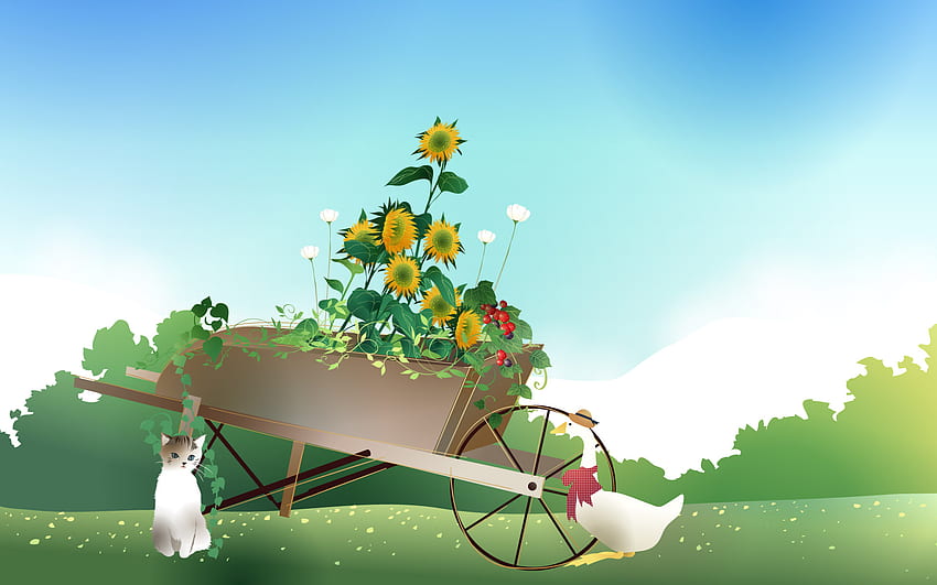꽃 손수레, 외바퀴 손수레, 추상, 벡터, 하늘, 고양이, 꽃, 잔디, 덕 HD 월페이퍼