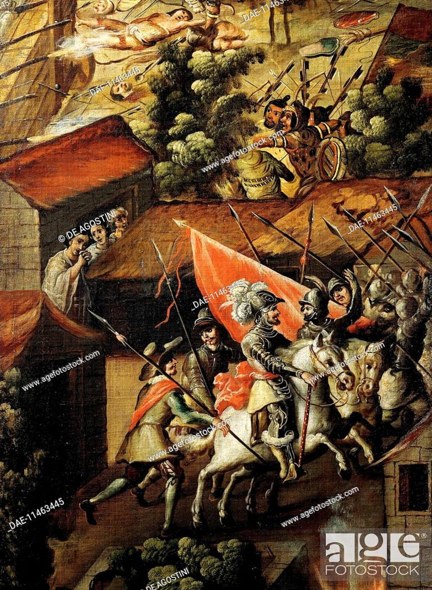 Hernan Cortes (1485 1547)와 Noche Triste (슬픈 밤) 동안 그의 군대, 1520년 6월 30일, 주식 및 권리 관리. . DAE 11463445, 에르난 코르테스 HD 전화 배경 화면