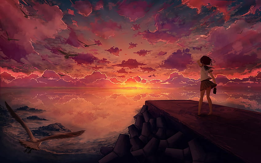 Anime Girl Looking at Sky, Anime, y Background, Aesthetic Anime Sky fondo de pantalla