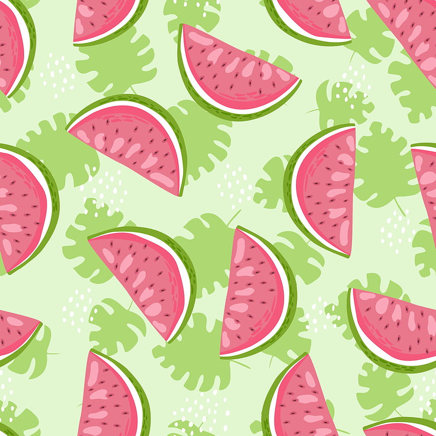 Slices of watermelon and seeds on a green leaves background. Seamless ...
