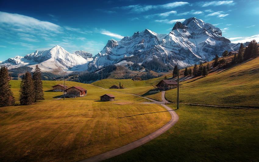 Bernese Alps, evening, sunset, Adelboden, mountain landscape, autumn, Switzerland HD wallpaper