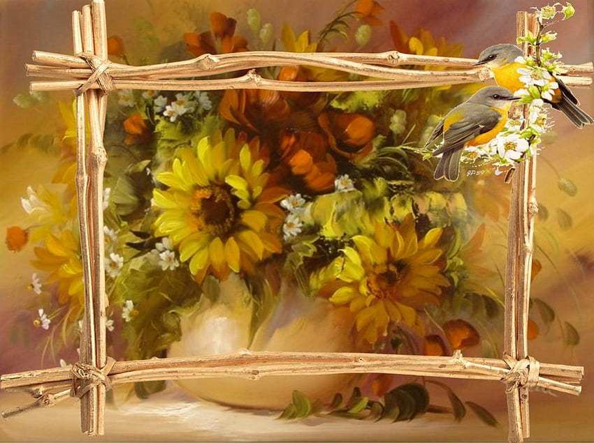 Fall Season, artwork, birds, sunflowers, blossoms HD wallpaper