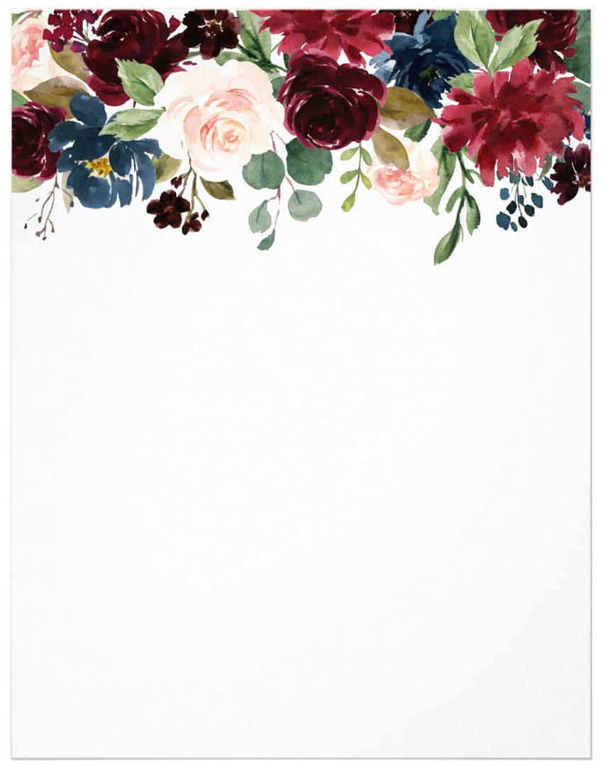 Burgundowo-niebieskie kwiaty akwarelowe Obramowanie Papier firmowy Kwiaty autorstwa JunkyDotCom - Piękne ręcznie rysowane. Tło kwiat akwarela, granica kwiat, kwiaty akwarela Tapeta na telefon HD