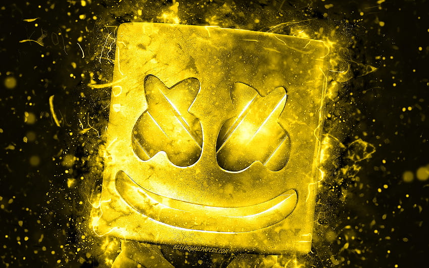 Marshmello, żółte neony, Christopher Comstock, amerykański DJ, supergwiazdy, DJ Marshmello, żółte abstrakcyjne tło, DJ-e, Abstract Marshmello, gwiazdy muzyki, Marshmello Tapeta HD