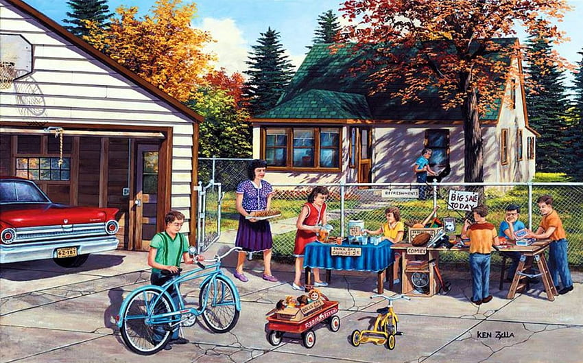 Backyard Sale, artwork, painting, garage, house, kids, trees, stand, countryside HD wallpaper