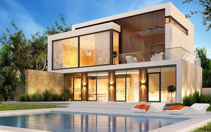 Villa, pool, 3D design U HD wallpaper