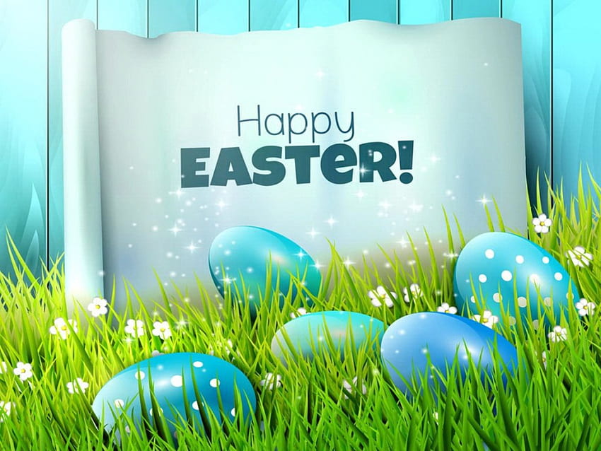 Happy Easter!, blue, happy easter, beautiful, grass, eggs, greetings, background, holiday, pretty, freshness, easter, lovely HD wallpaper