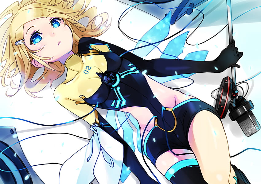 Kagamine Rin, blue, blonde, eyes, cute, vocaloid, plugsuit, mic, lying, cool, microphone HD wallpaper