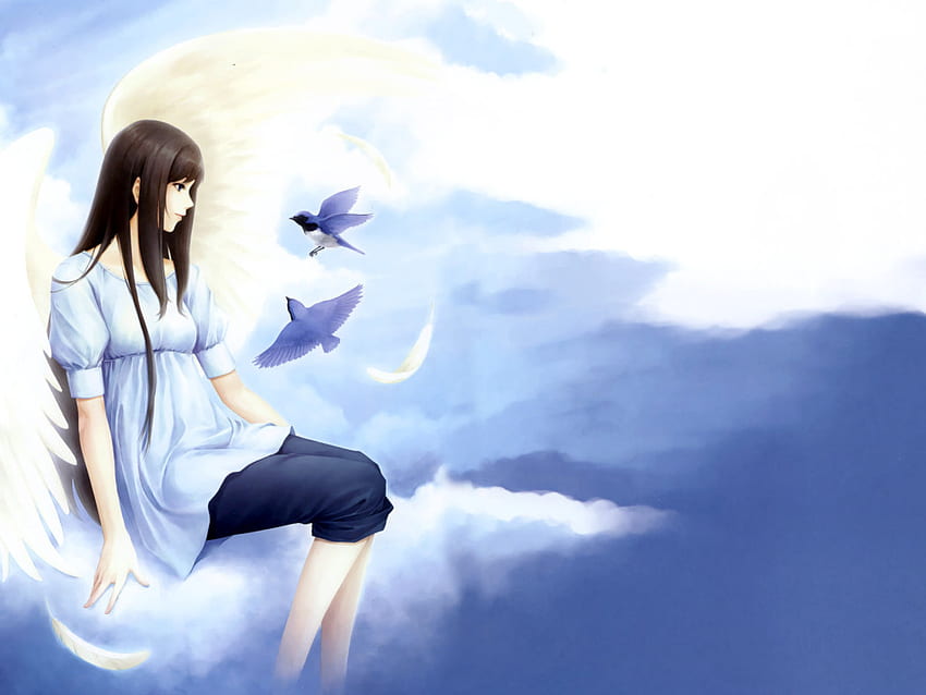 Anime_Girl_with_birds, azul, blanco, pájaros, solo, otro, anime, nubes, chicas, cielo fondo de pantalla