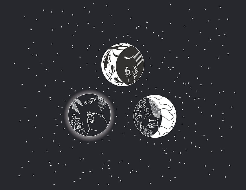 Ilustrasi bintang putih dan hitam, Bulan, mata kucing, beruang, rusa, Bulan Kucing Hitam Wallpaper HD