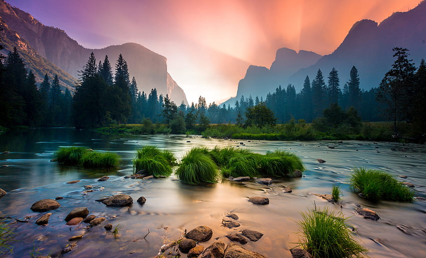 Amanecer - Parque Nacional de Yosemite, gloria, yosemite, agua, montañas, belleza, amanecer, parque, natural, grafía fondo de pantalla