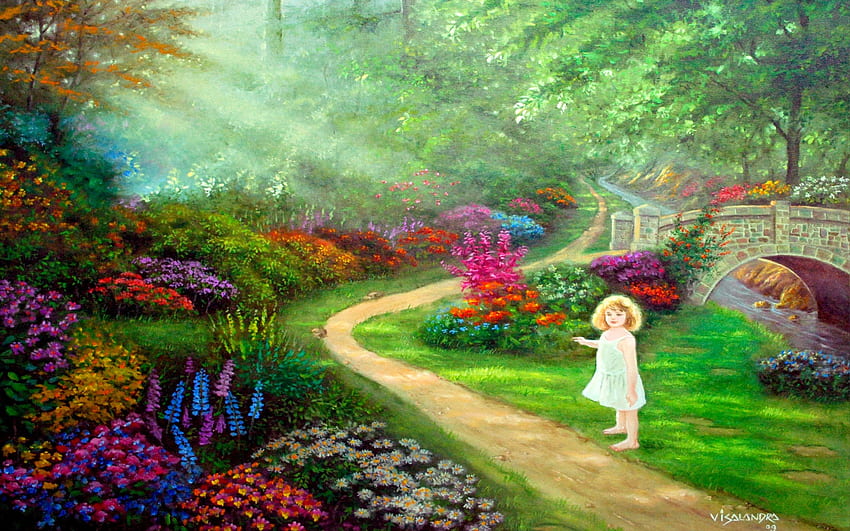 春の庭の散歩、日差し、小道、庭、ヴィシャランドラ・ダクール、春 高画質の壁紙