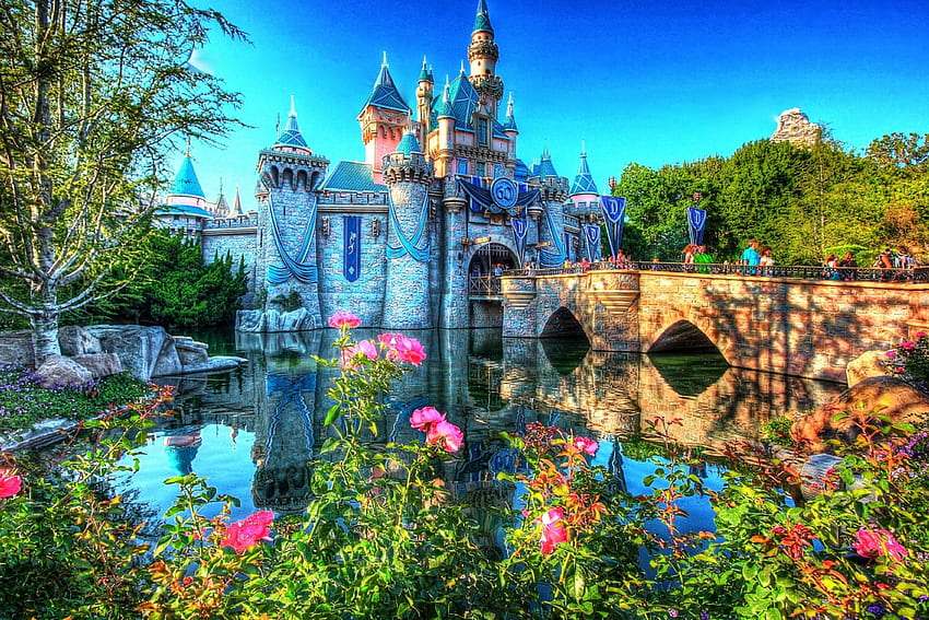 Disneyland, Anaheim-California, fairytale, trees, r, flowers, castle, water HD wallpaper