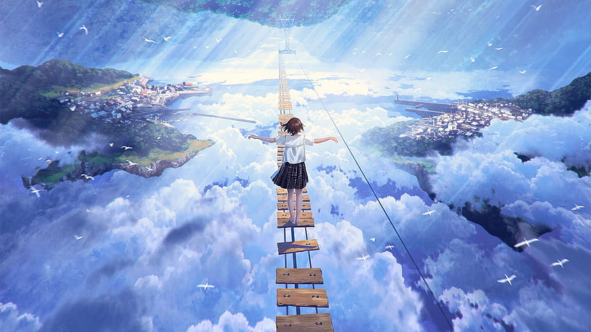 animowana dziewczyna chodząca po wymarzonym moście, chmury, grafika, , , tło, 8f9a1c Tapeta HD