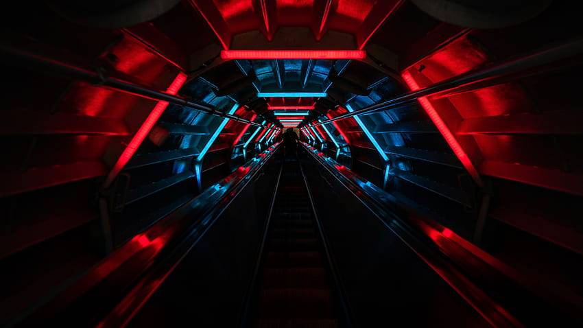 Tunnel, punto di fuga, illuminazione rossa, luce blu, buio nero, tunnel buio Sfondo HD