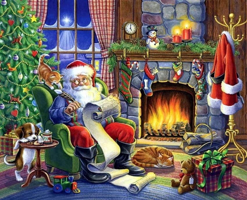 CHECKING IT TWICE, CHRISTMAS, CLAUS, TWICE, MERRY, SANT, WARM FIRE, LIST HD wallpaper