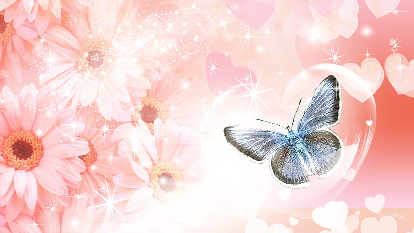 Пеперуда в балонче сърце, абстрактно, пеперуда, сърца, цветя, пролет, мехурчета, Свети Валентин HD тапет