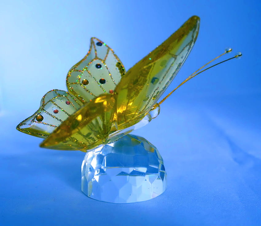 Crystal & wings, blue, crystal, butterfly, green, glass, gold HD wallpaper