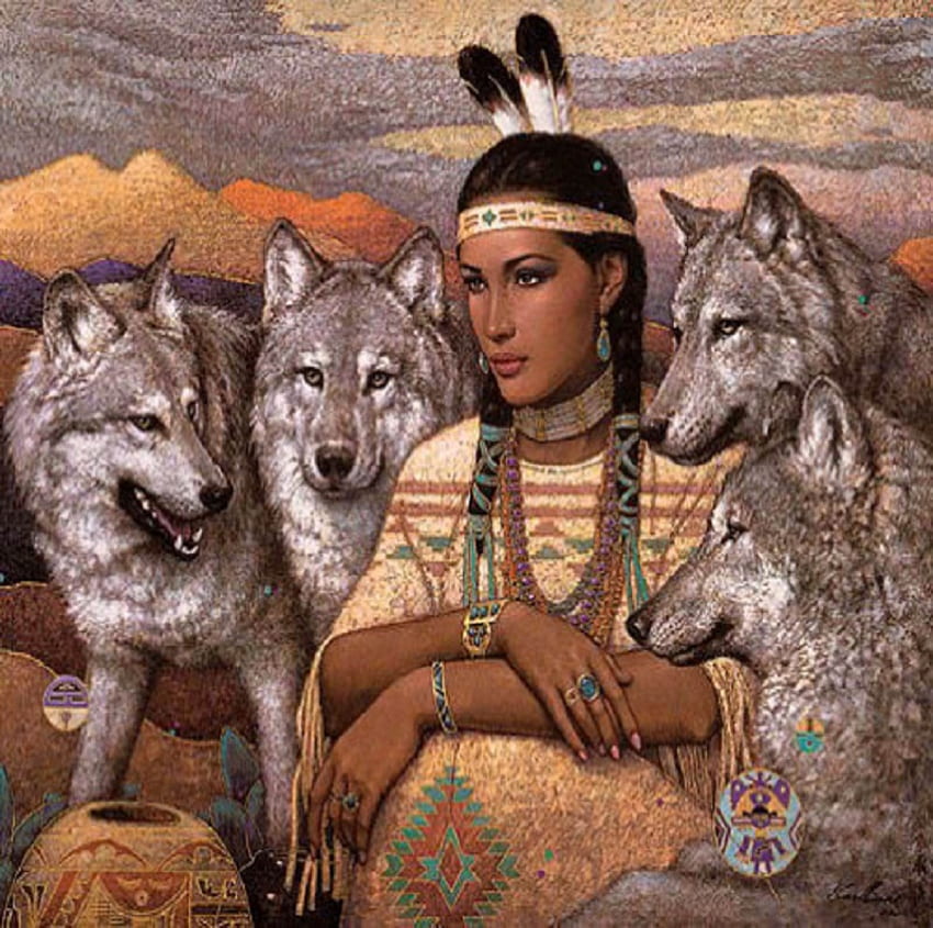 Native Love, wolves, animals, dogs, wolf, woman HD wallpaper