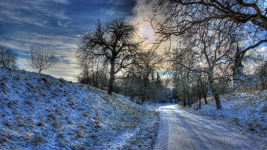 lovely country road into a village in winter r, winter, trees, road, r, church, hill, village HD wallpaper