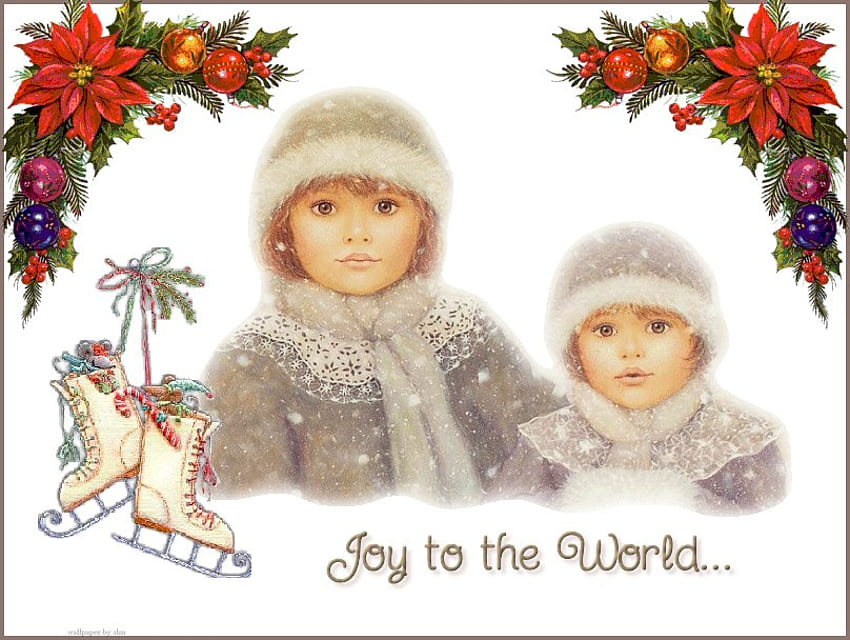 dos hermanas con patines de navidad, hermanas, niños, feliz navidad, alegría para el mundo, patines de hielo, victoriano, hermosas flores de pascua de navidad fondo de pantalla