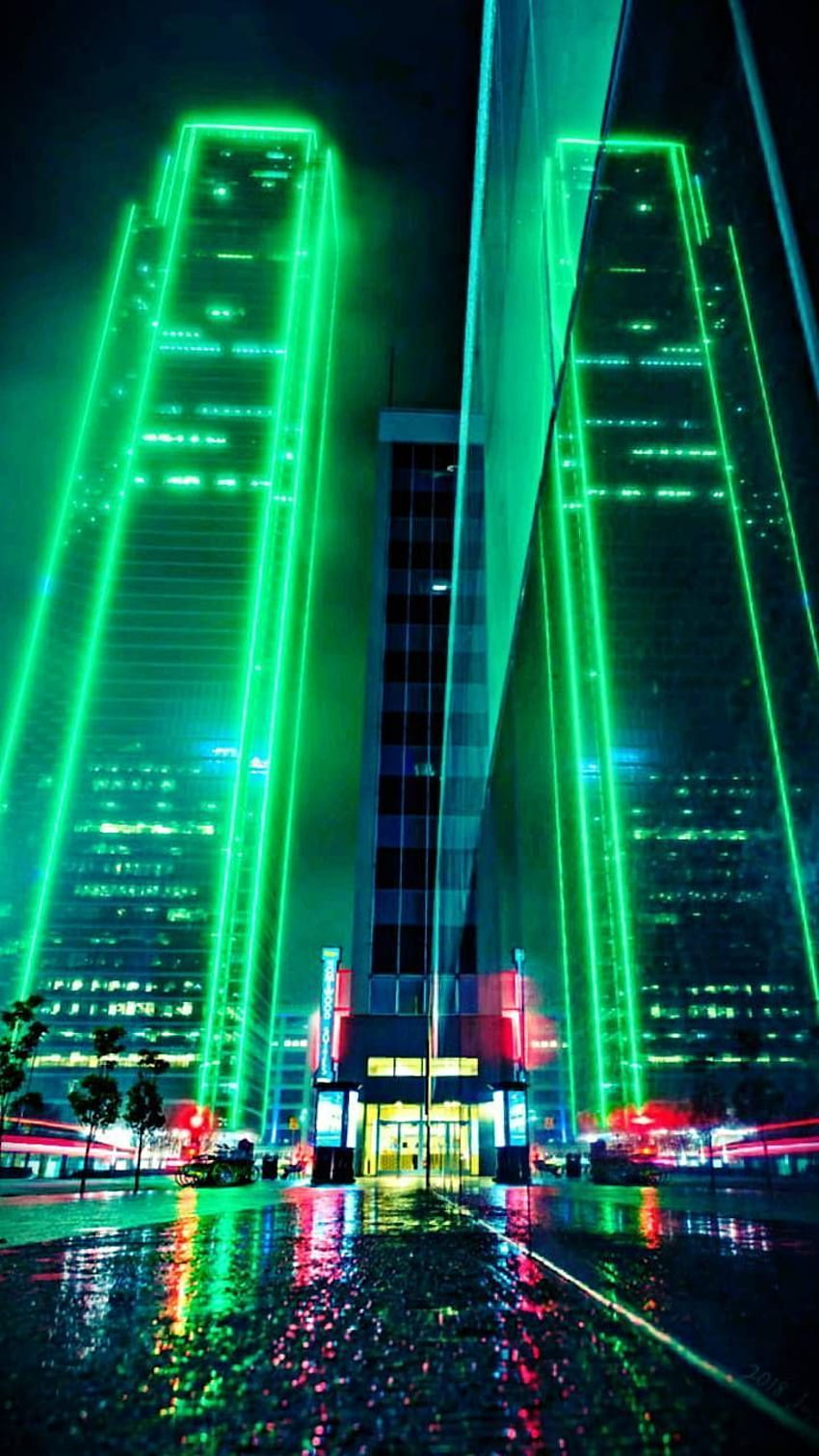 Cities, Neon Green City HD phone wallpaper