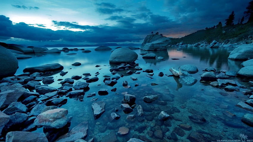sifat gelap. Dark Blue Sunset Rocks River Nature Wallpaper HD