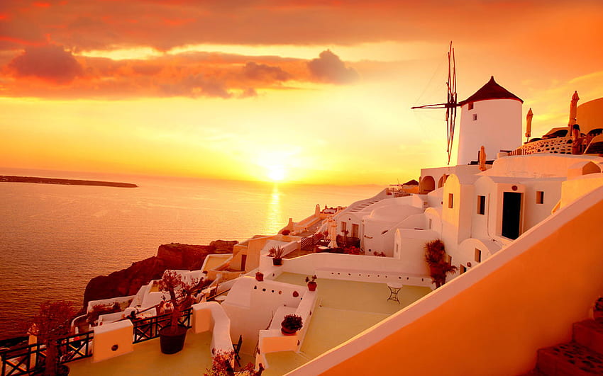 Sunset In Santorini Island In Greece Aegean Sea Landscape, Santorini Beach HD wallpaper