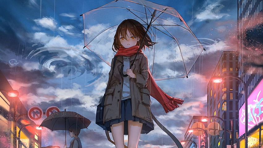 ragazza, ombrello, anime, pioggia, tristezza Sfondo HD
