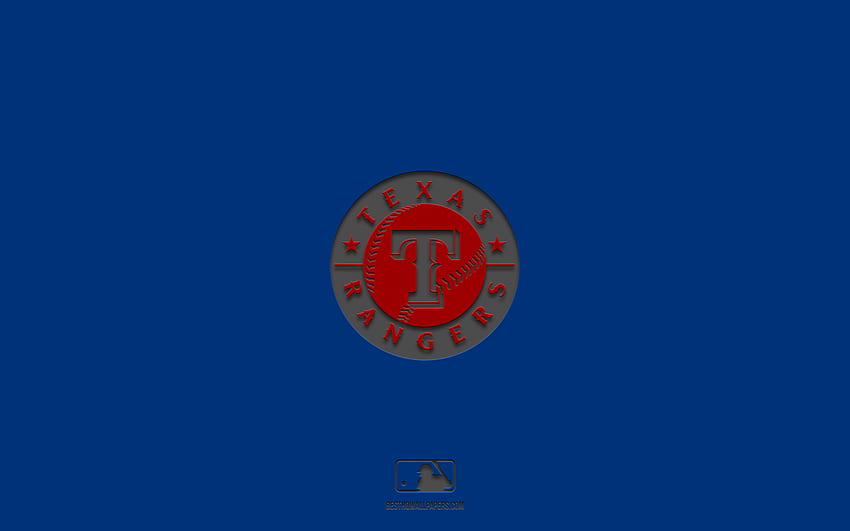 Texas Rangers, niebieskie tło, amerykańska drużyna baseballowa, godło Texas Rangers, MLB, Teksas, USA, baseball, logo Texas Rangers Tapeta HD