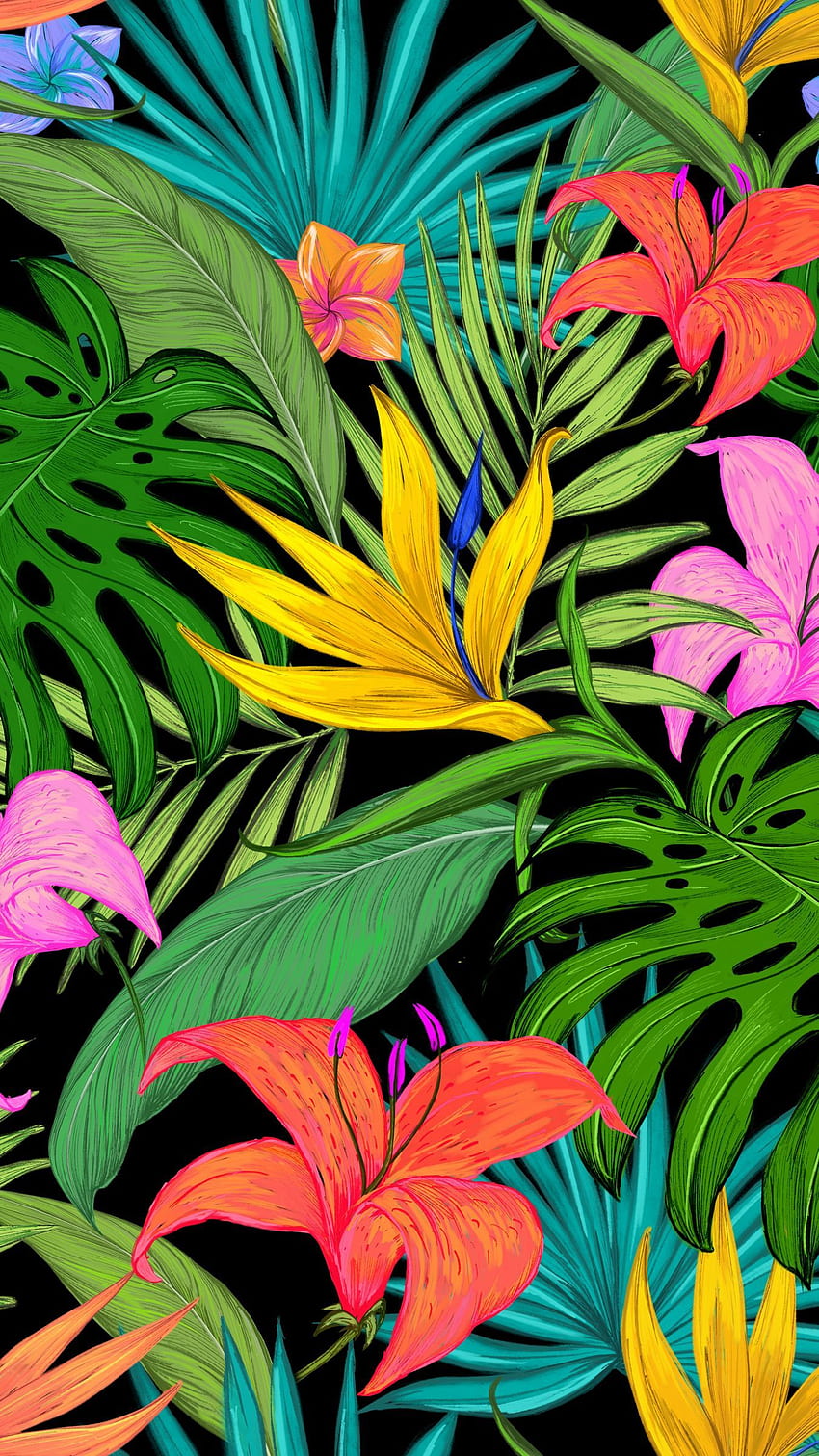pattern, tropical, flowers, leaves, lilies, palm leaves, colored iphone 8+/7+/6s+/for parallax background HD phone wallpaper