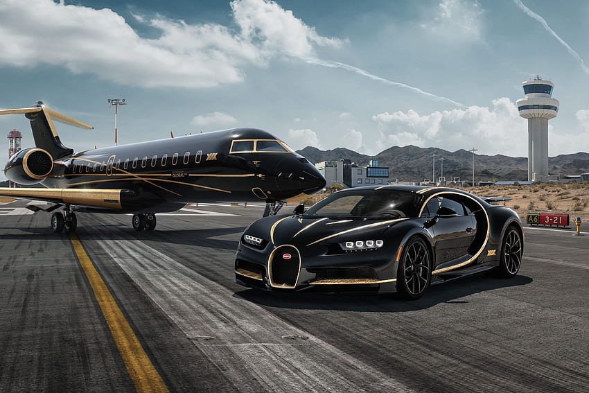 Bugatti Chiron Black, Gold, เครื่องบิน, Supercar, หรูหรา, ส่วนตัว, เฮลิคอปเตอร์สุดหรู วอลล์เปเปอร์ HD