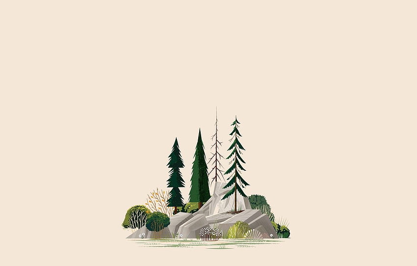 rock, trees, minimalism, illustration, Forest, simple background for , section минимализм, Minimalist Forest HD wallpaper