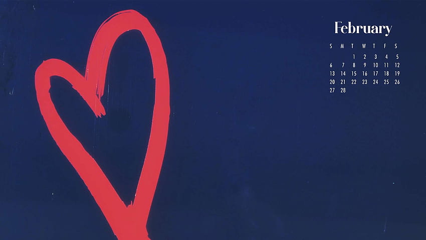 Calendário de fevereiro de coração vermelho fundo azul fevereiro papel de parede HD