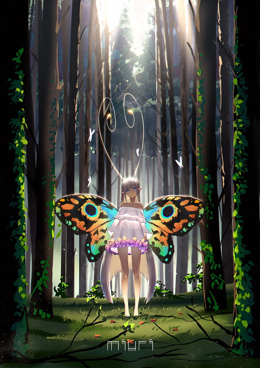 アニメの女の子, エルフの耳, 翼, 白髪, 少女の森 HD電話の壁紙