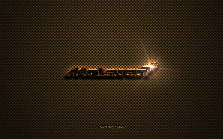 Златно лого на McLaren, произведения на изкуството, кафяв метален фон, емблема на McLaren, лого на McLaren, марки, McLaren HD тапет