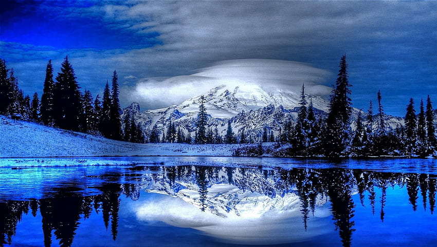 glorious blue winter landscape, winter, blue, clouds, trees, lake, mountain HD wallpaper