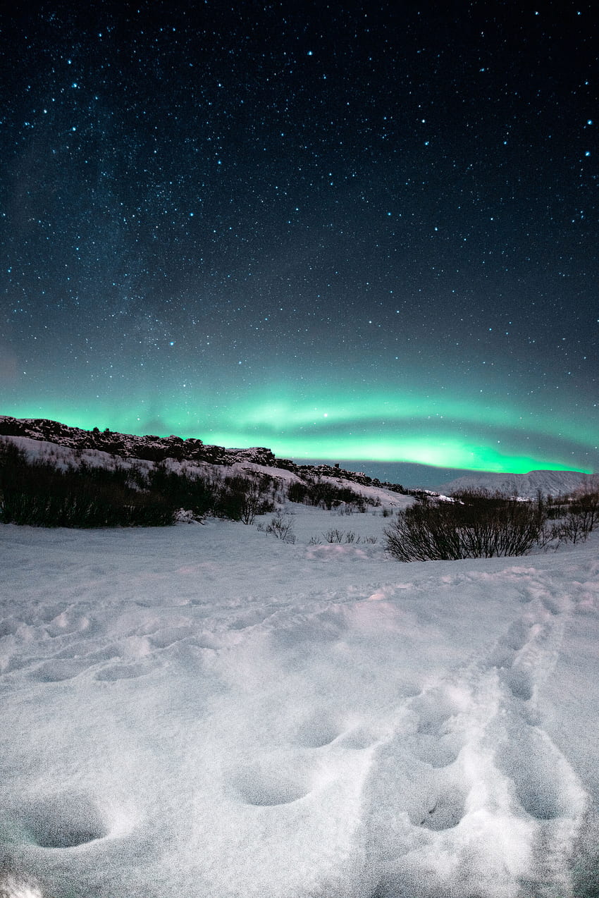 Landschaft, Natur, Nacht, Schnee, Sternenhimmel, Nordlicht, Aurora Borealis, Aurora, Norden HD-Handy-Hintergrundbild