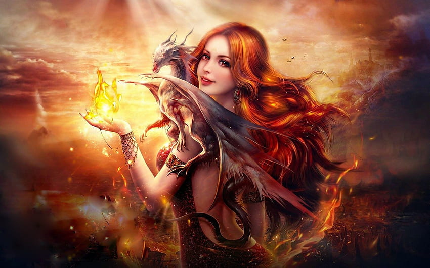 Dragon Fire Fantasy Girl for your PC, Mac or Mobile device HD wallpaper