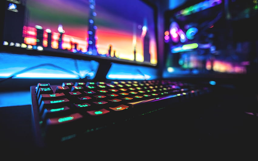 colorful, Neon, Computer, Keyboards, PC gaming, Neon Game HD wallpaper