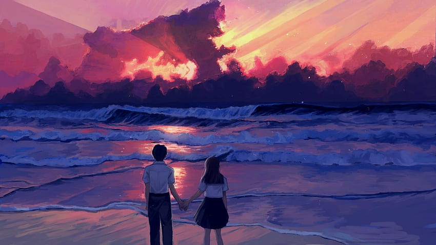 สาวการ์ตูนรักชายทะเลท้องฟ้าธรรมชาติวาดไวด์สกรีน . Pemandangan Anime วอลล์เปเปอร์ HD