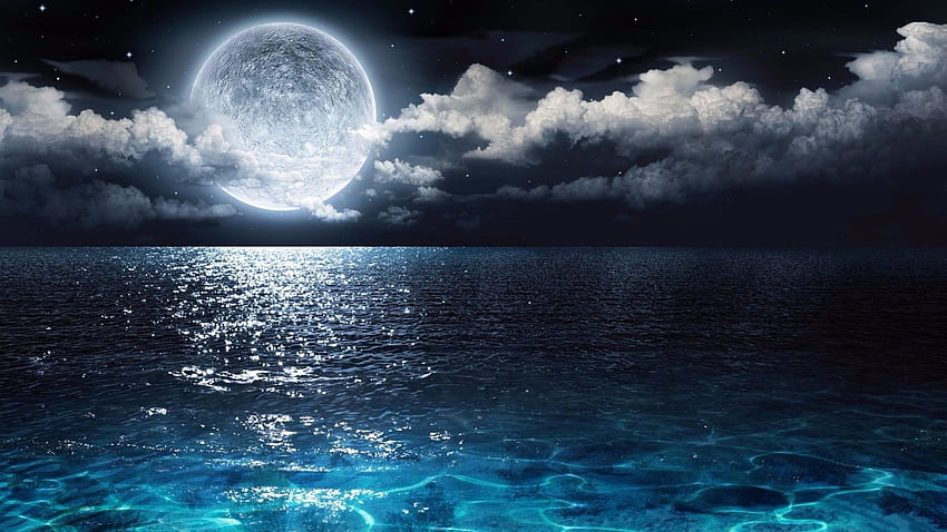 Reflection of the moon in the sea, night, blue, black, awesome, nice, scenery, moonlight, abstract, reflection, moon, reflex, amazing, water, ocean, mirror, sea, white, scene, moonlit, landscape, beautiful, ummer, summer, renderized, cool, clouds, space, nature, sky HD wallpaper